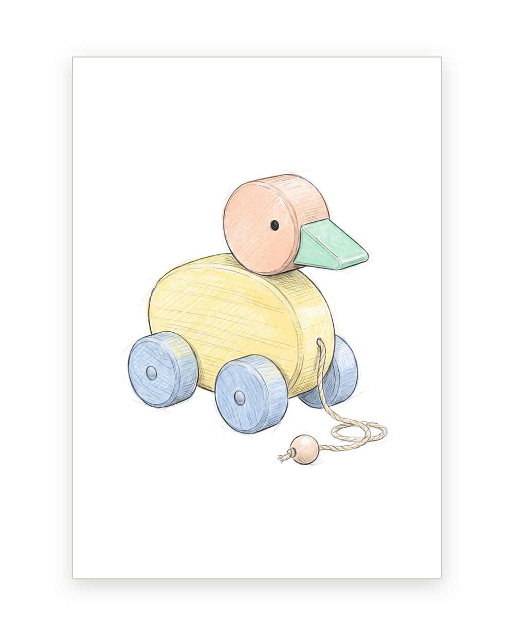 New baby card with a pull-along toy duck in colored pencil