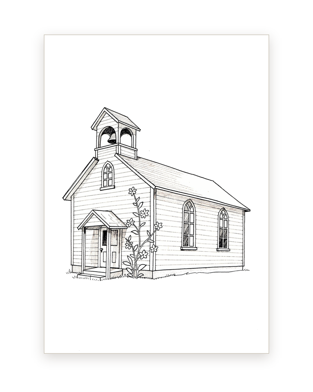 Wedding card with an ink line country chapel