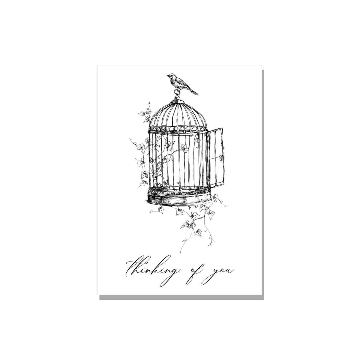Open Birdcage Thinking of You Card in Ink Line Art