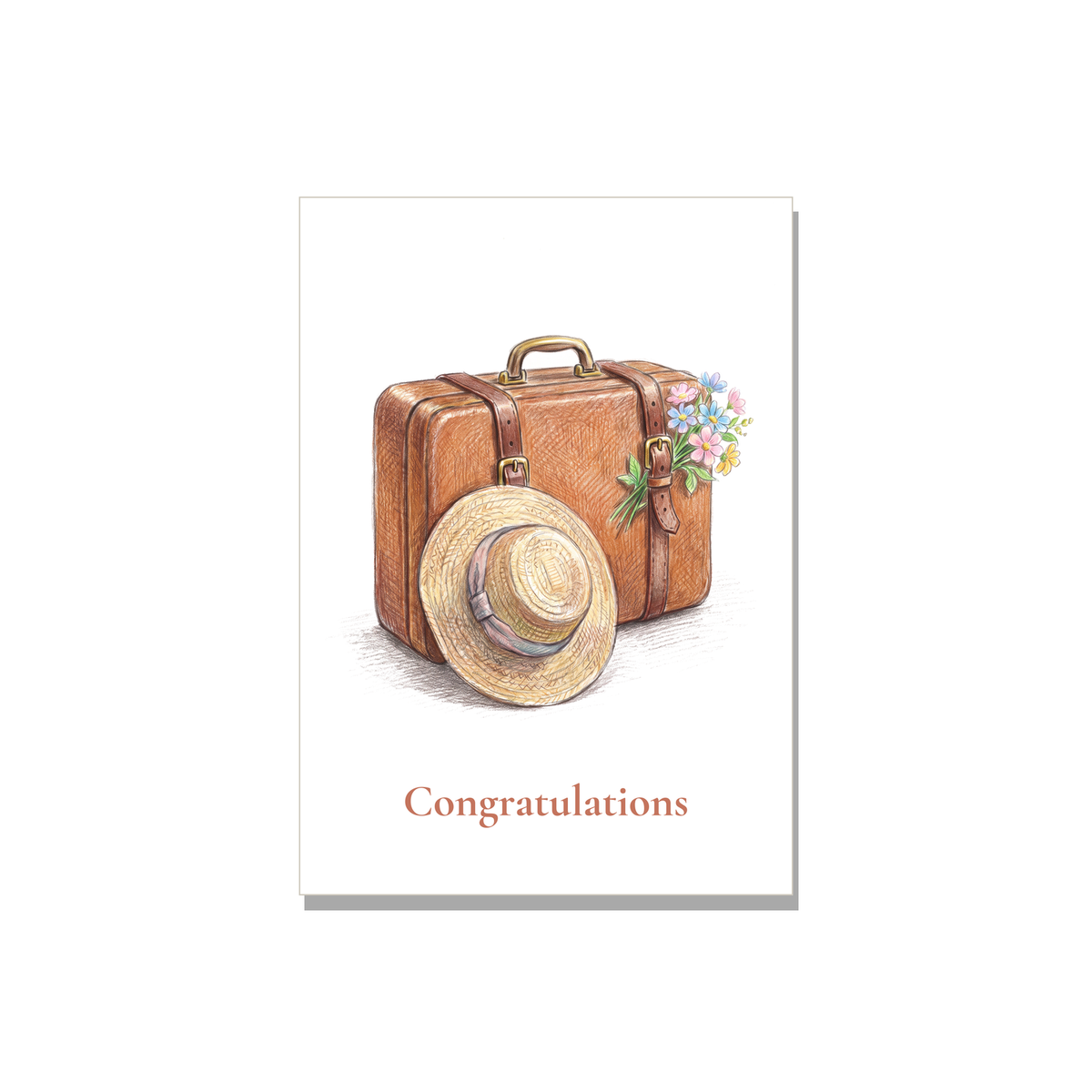 Congratulations greeting card - Vintage Suitcase in Colored Pencil, blank inside