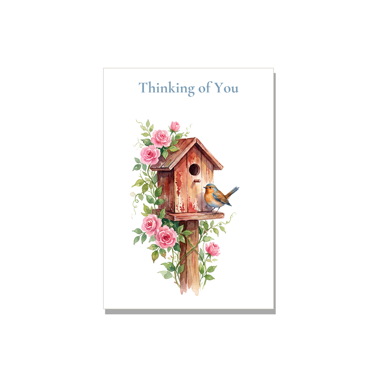 Thinking of You greeting card - Birdhouse with Roses in Watercolor, blank inside