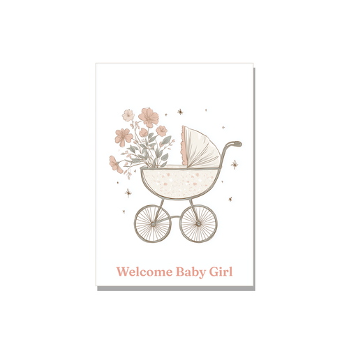 Baby greeting card - Baby Girl Stroller in Gouache, blank inside