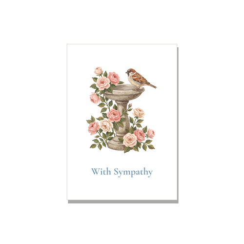 Sympathy greeting card - Birdbath and Roses in Gouache, blank inside
