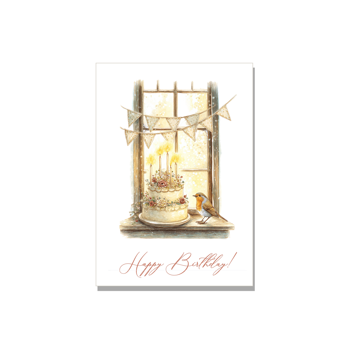 Birthday greeting card - Cake in the Window in Watercolor, front reads "Happy Birthday!"