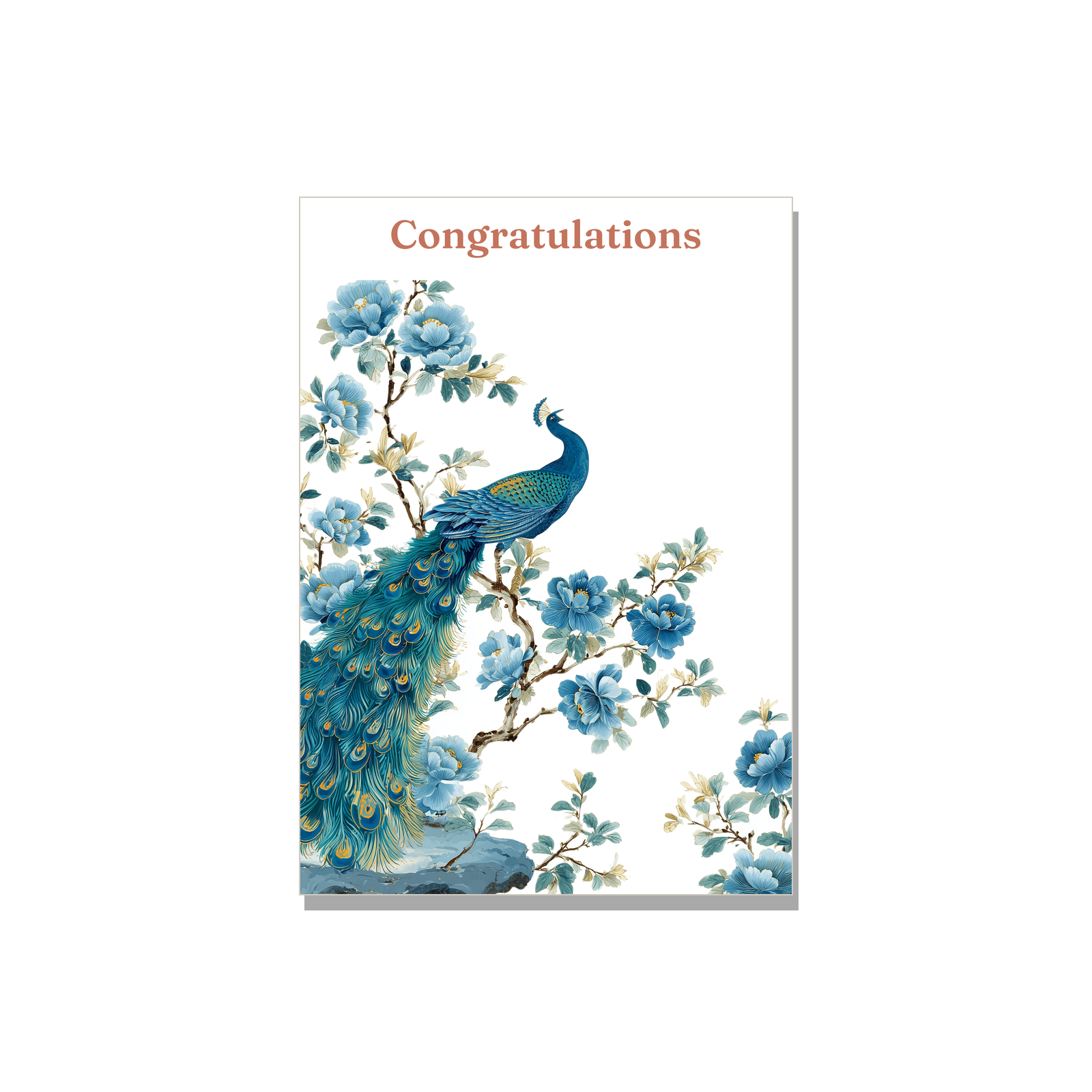 Congratulations greeting card - Chinoiserie Peacock in Botanical, blank inside