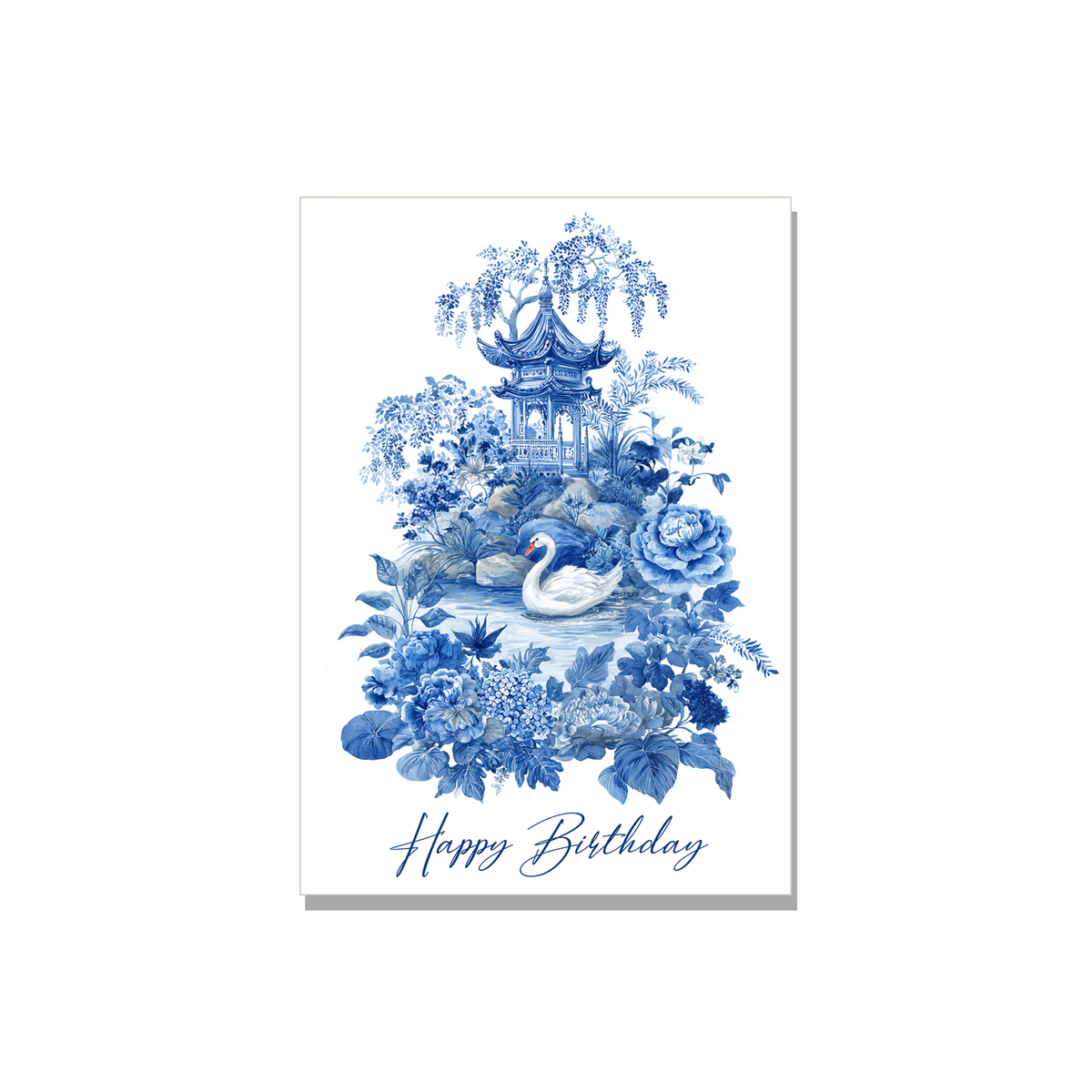 Birthday greeting card - Chinoiserie Swan in Botanical, front reads "Happy Birthday"