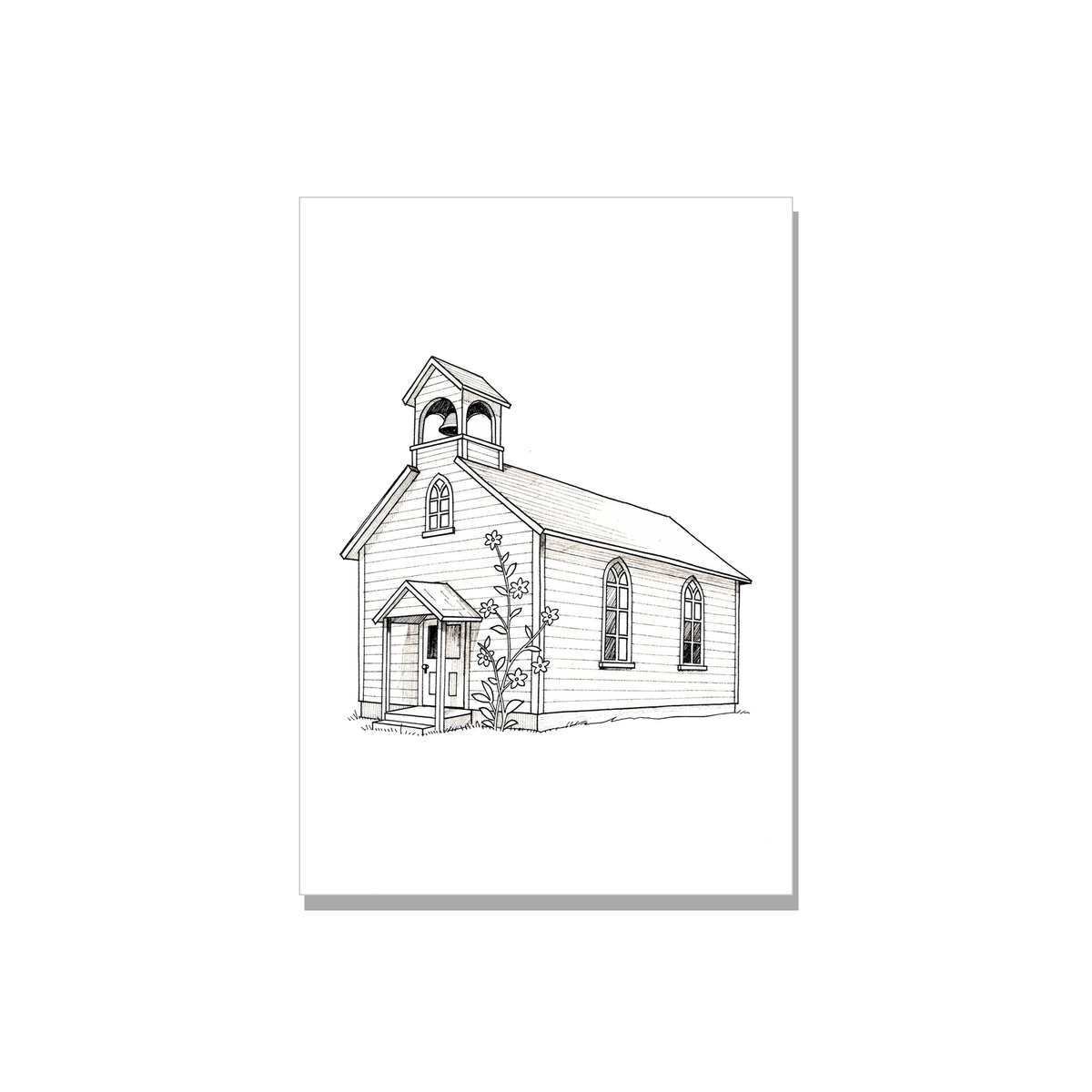 Wedding greeting card - Country Chapel in Ink Line Art, blank inside