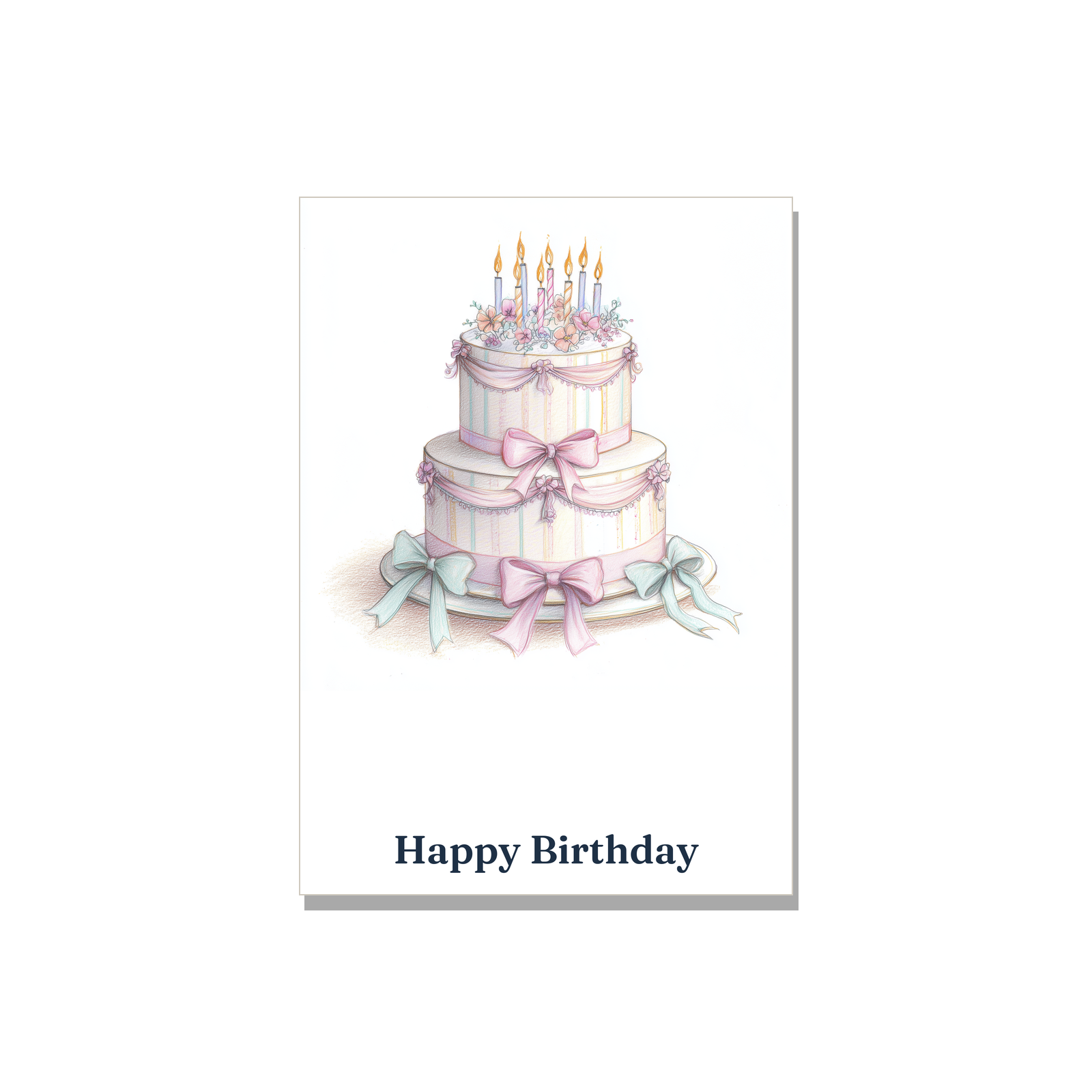 Birthday greeting card - Elegant Birthday Cake in Colored Pencil, blank inside