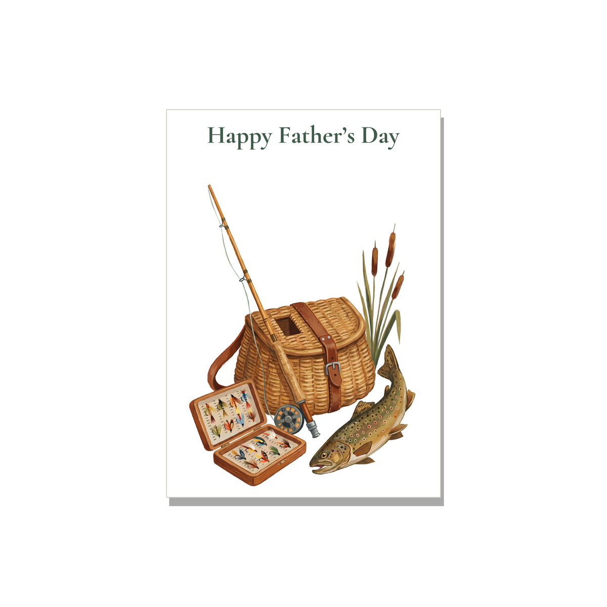 Father's Day greeting card - Fishing Rod and Creel in Gouache, blank inside