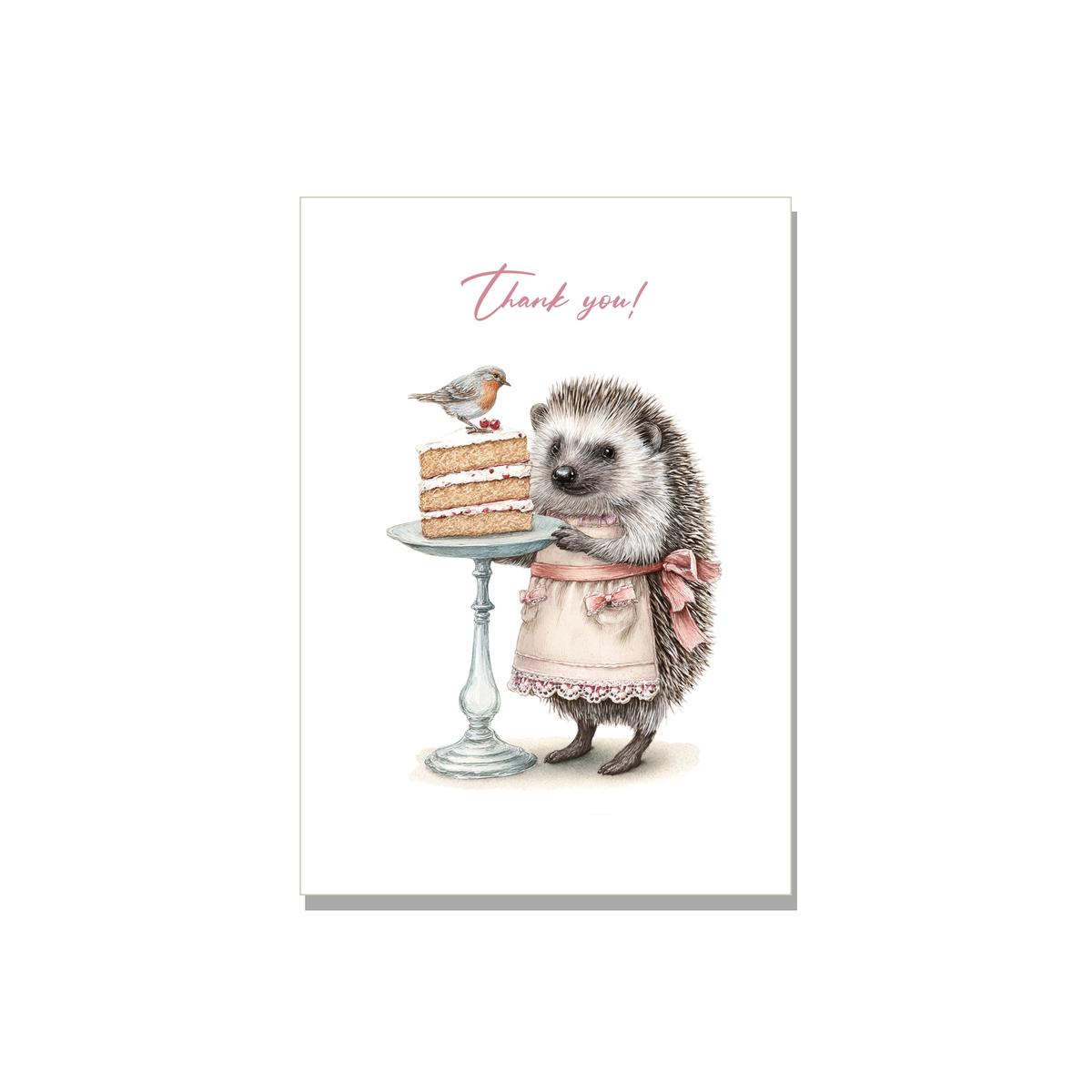 Thank You greeting card - Hedgehog with Cake in Watercolor, front reads "Thank you!"