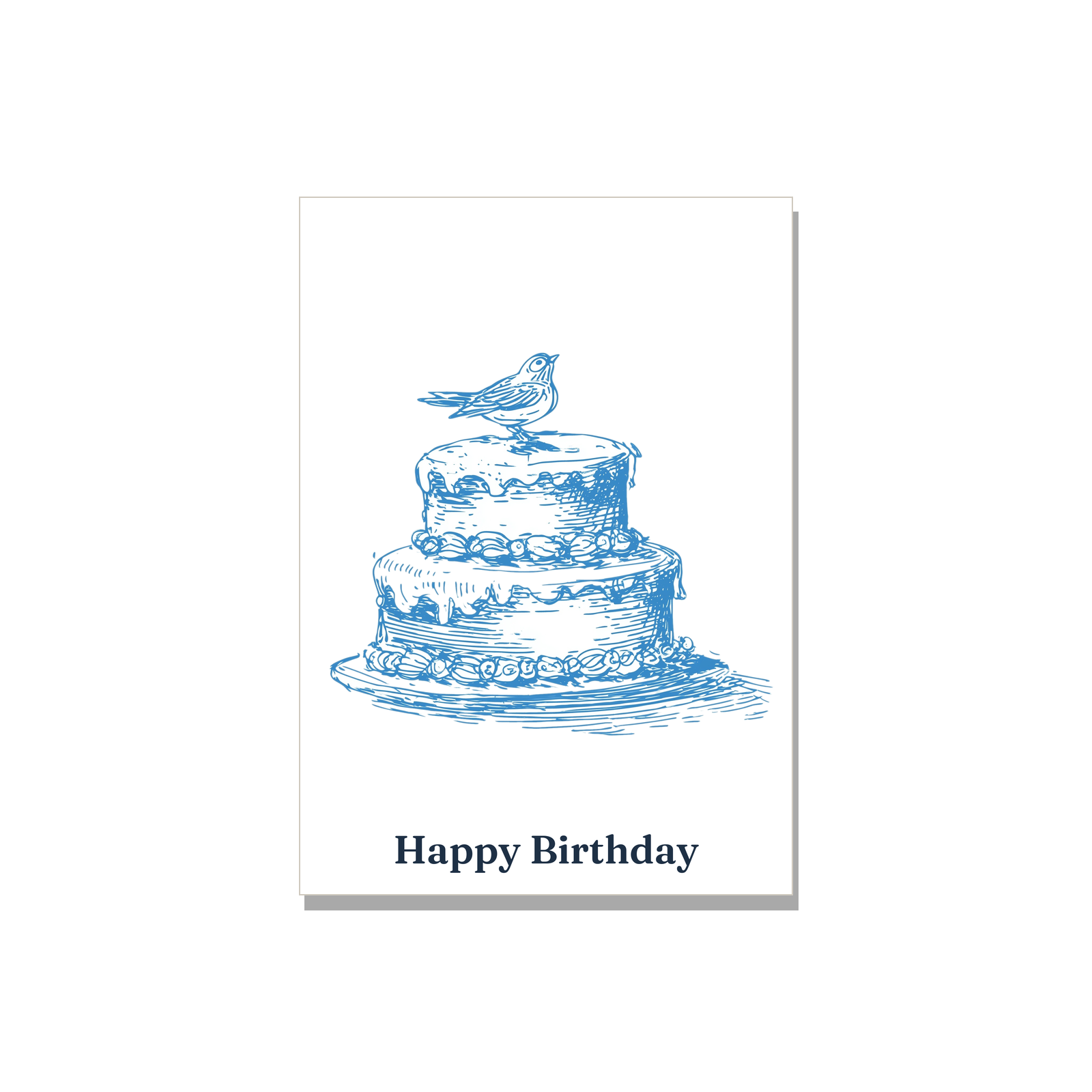 Birthday greeting card - Ink Bird Cake in Ink Line Art, blank inside