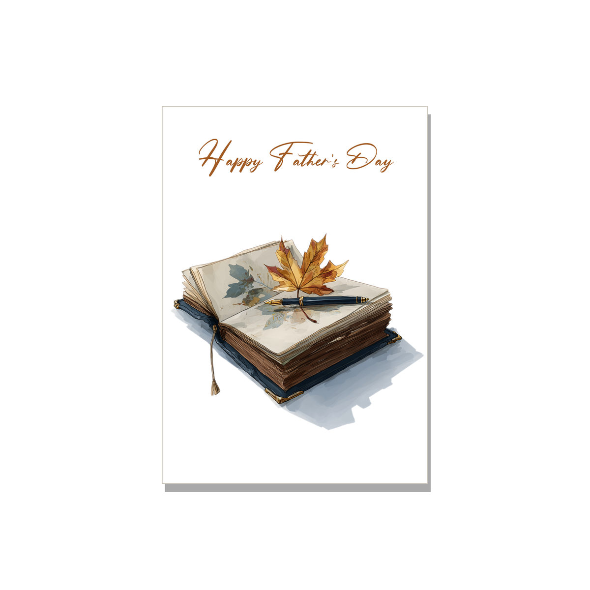 Father's Day greeting card - Journal and Maple Leaf in Watercolor, front reads "Happy Father's Day"