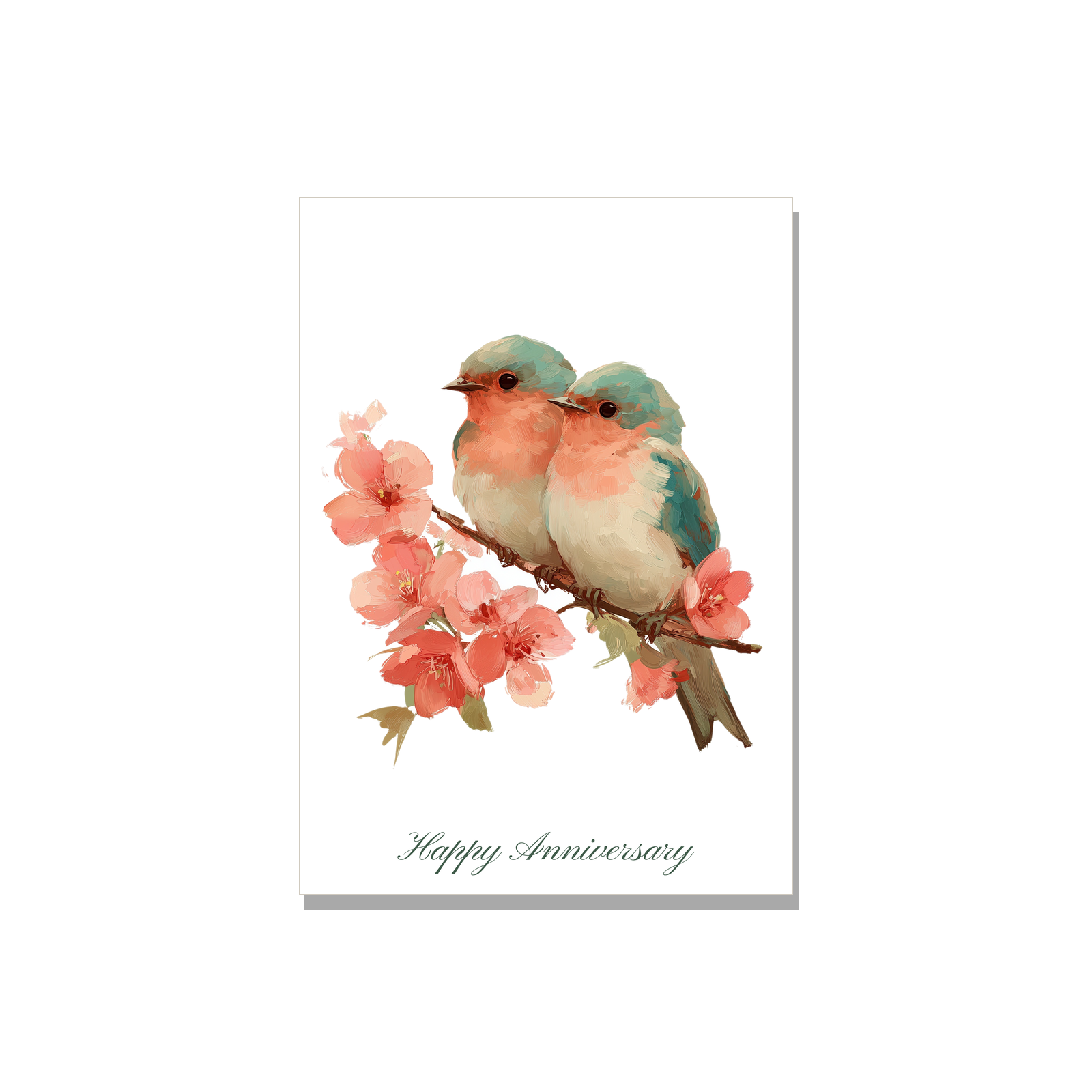 Anniversary greeting card - Lovebirds in Gouache, blank inside