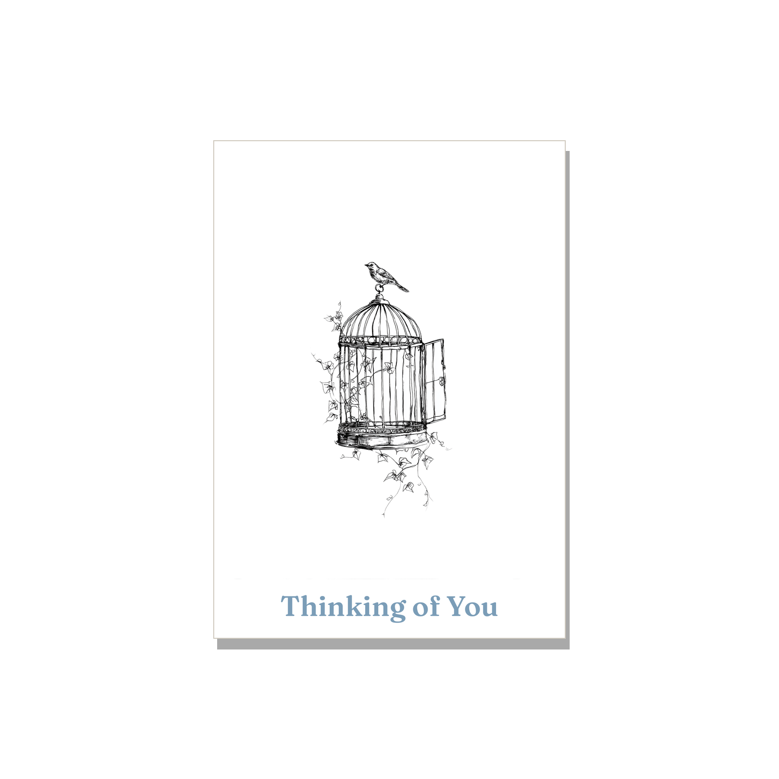 Thinking of You greeting card - Open Birdcage in Ink Line Art, blank inside