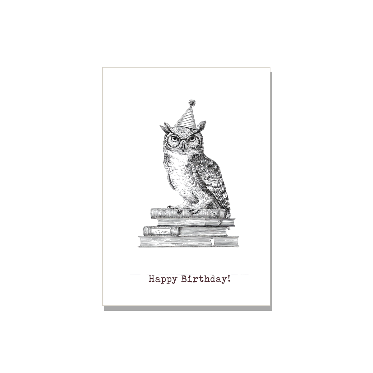 Birthday greeting card - Owl on Books in Ink Line Art, front reads "Happy Birthday!"