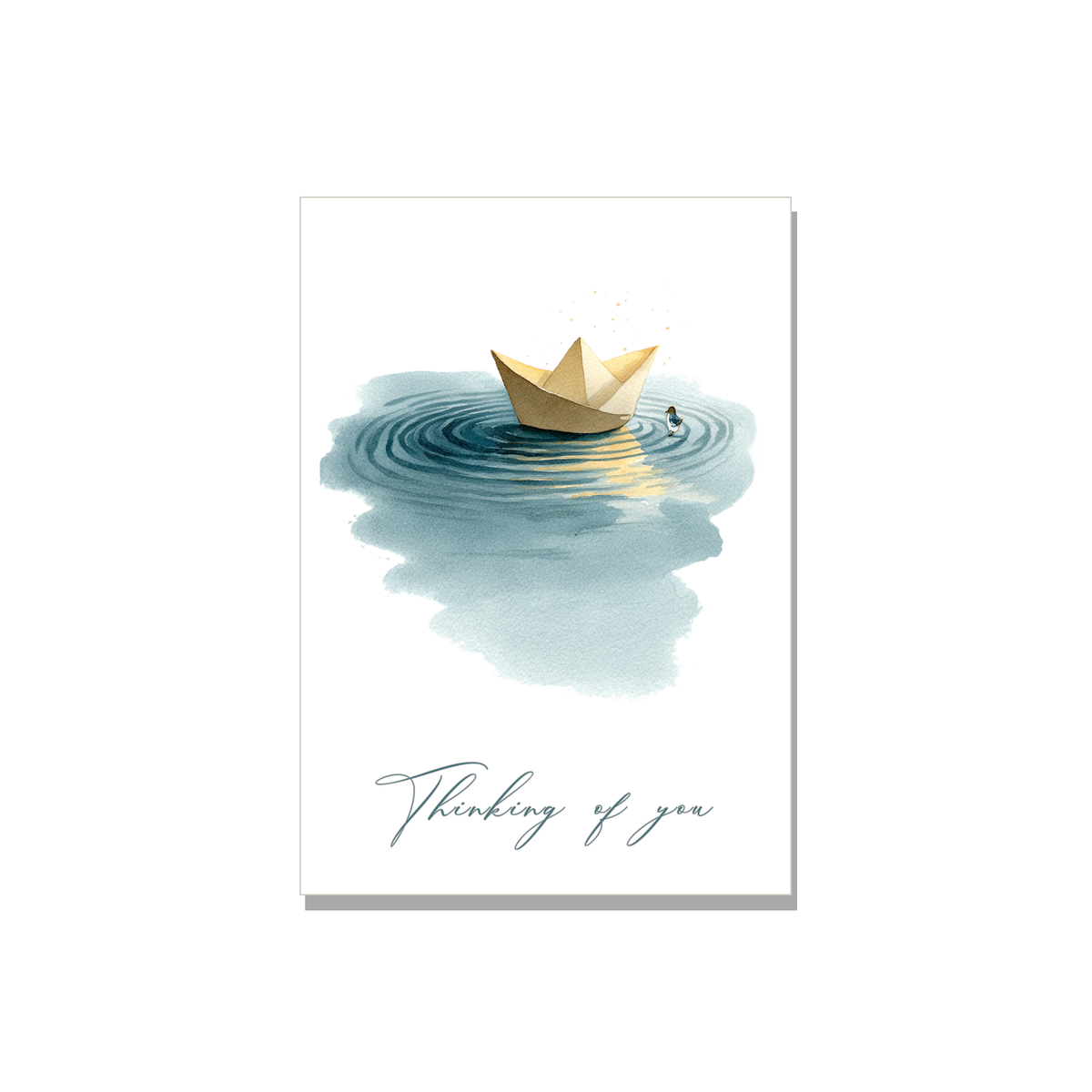 Thinking of You greeting card - Paper Boat in Watercolor, front reads "Thinking of you"