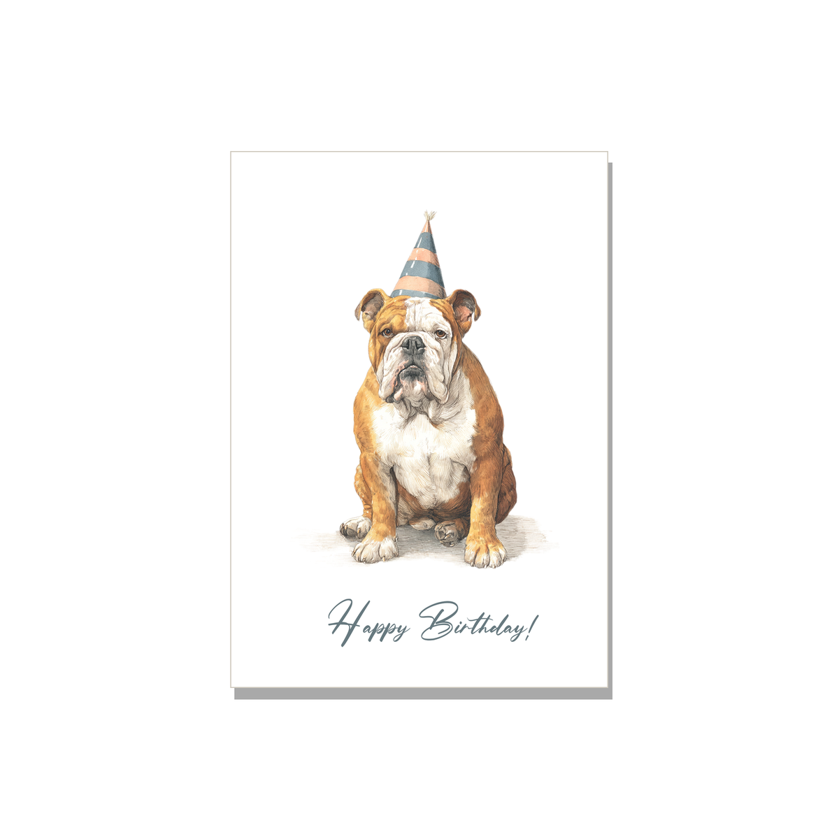 Birthday greeting card - Party Bulldog in Watercolor, front reads "Happy Birthday!"