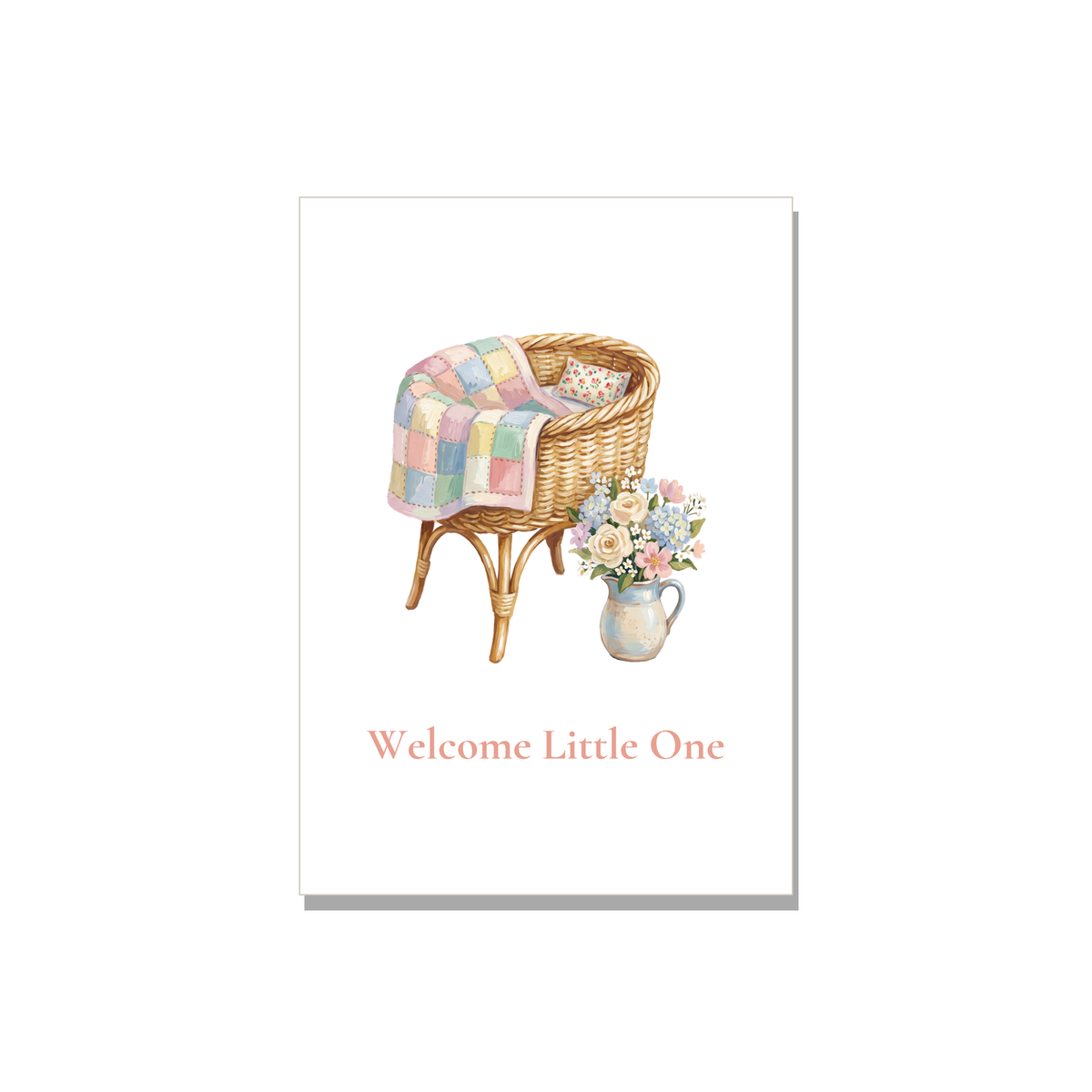 Baby greeting card - Wicker Bassinet in Gouache, blank inside