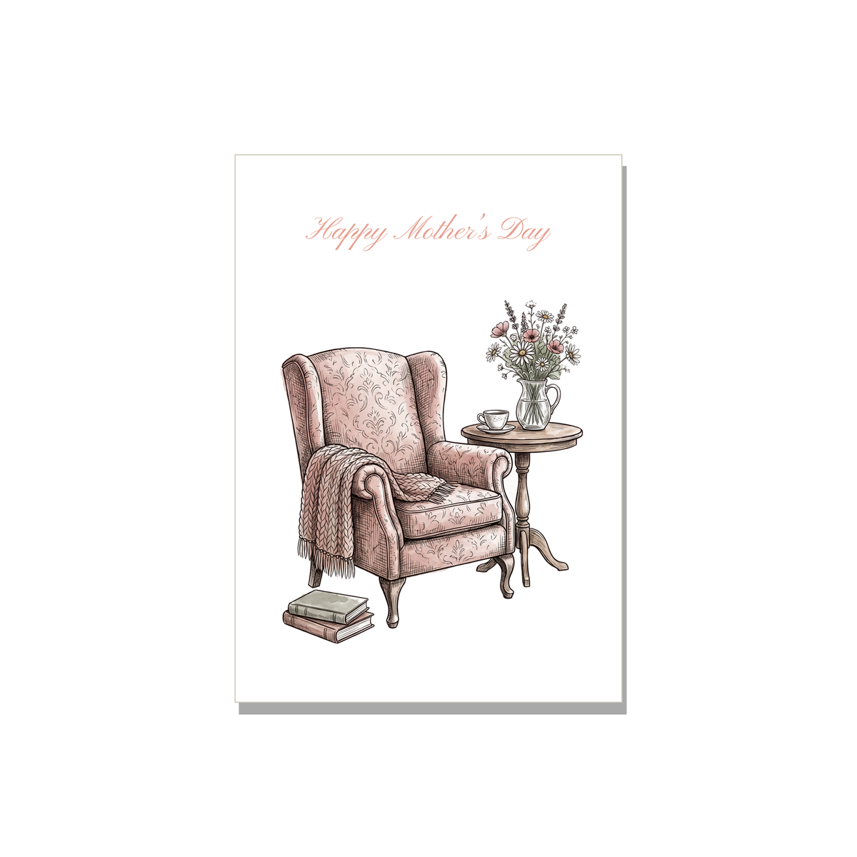 Mother's Day greeting card - Reading Armchair in Ink Line Art, blank inside