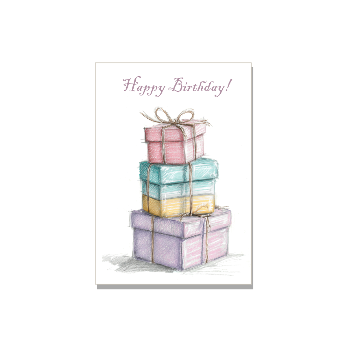 Birthday greeting card - Stacked Gift Boxes in Colored Pencil, front reads "Happy Birthday!"