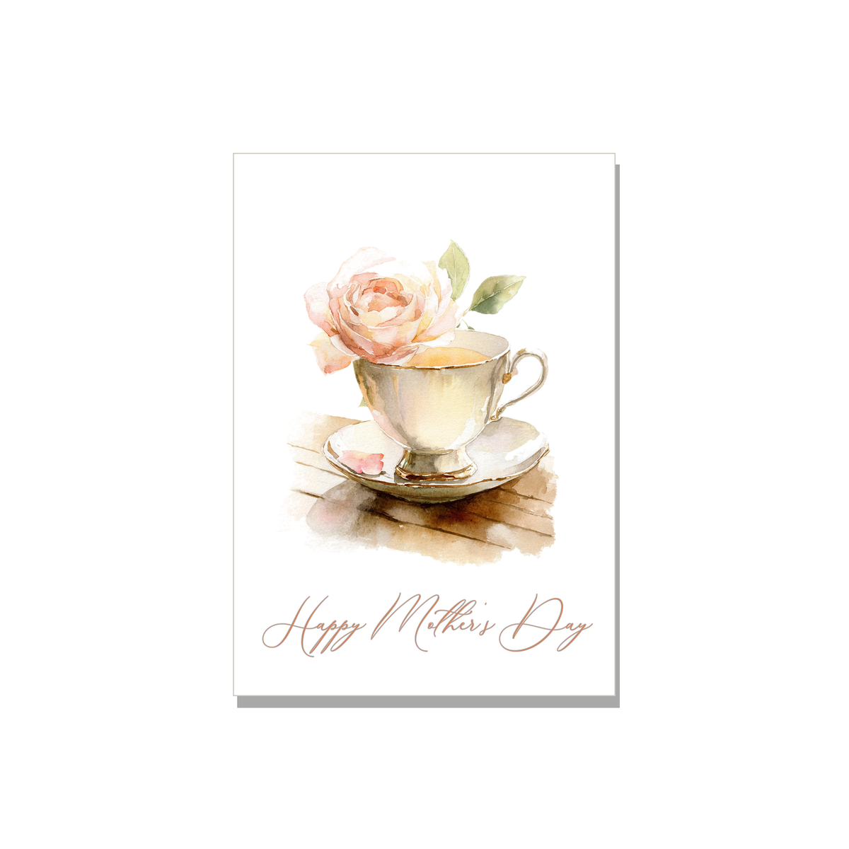 Mother's Day greeting card - Teacup and Rose in Watercolor, front reads "Happy Mother's Day"