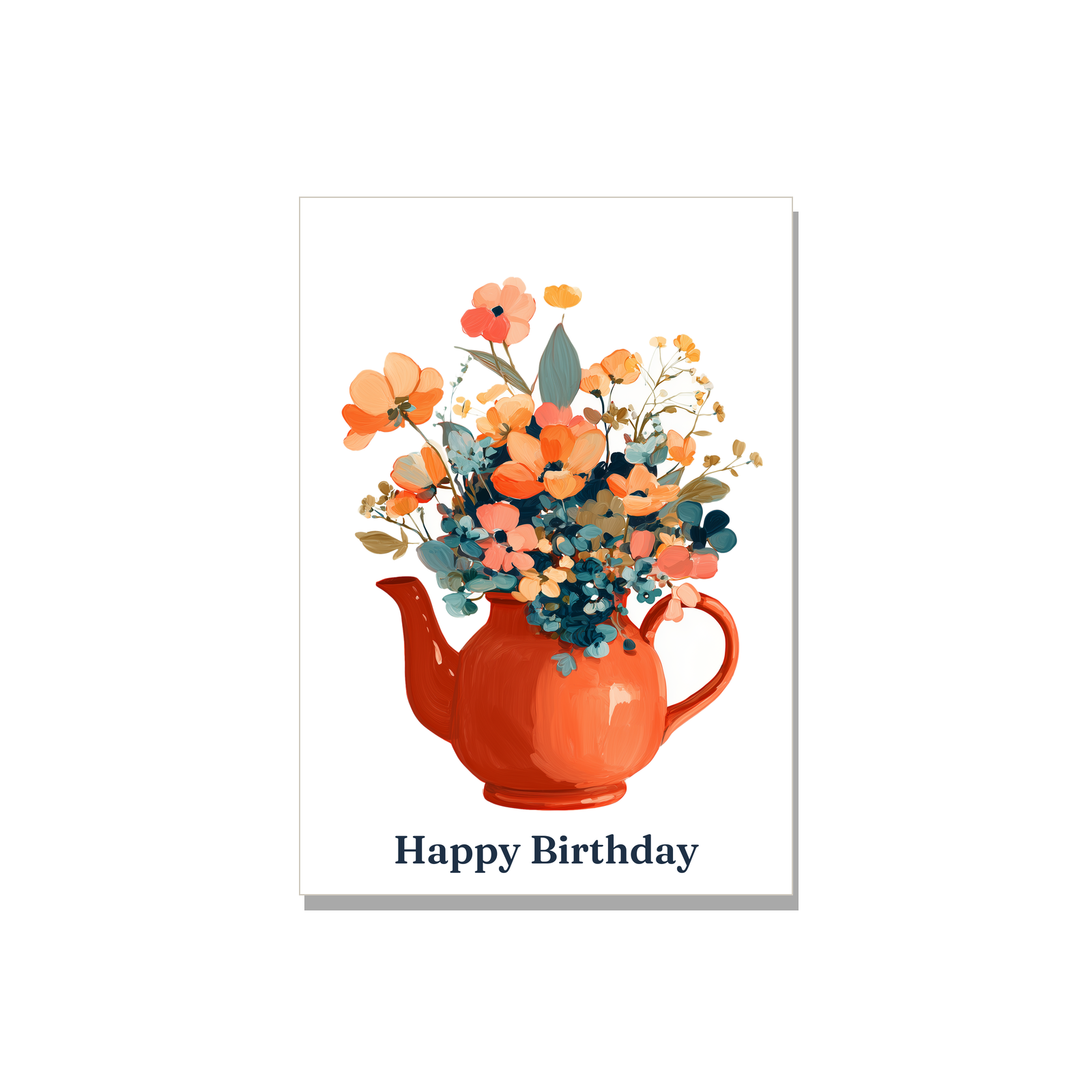 Birthday greeting card - Teapot with Flowers in Gouache, blank inside